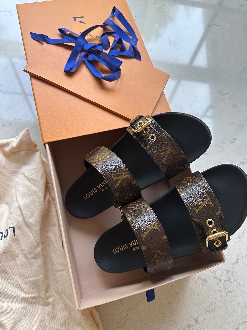 Louis Vuitton Bom Dia Brown Monogram Double-Strap Buckle Slides